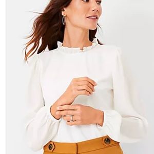 New Ann Taylor Mixed Media Ruffle Neck Top in Winter White Size Large